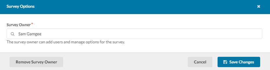 Survey Options dialog showing the Survey Owner field to search for a user